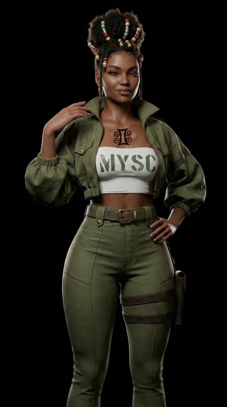 Kaira in a corps jacket, arms spread
