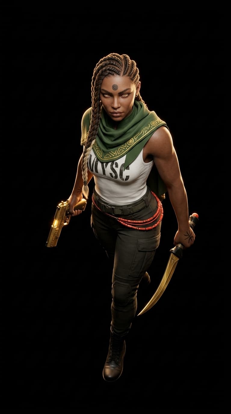 Omalicha in a corps vest and green scarf, pistol in one hand and dagger in the other