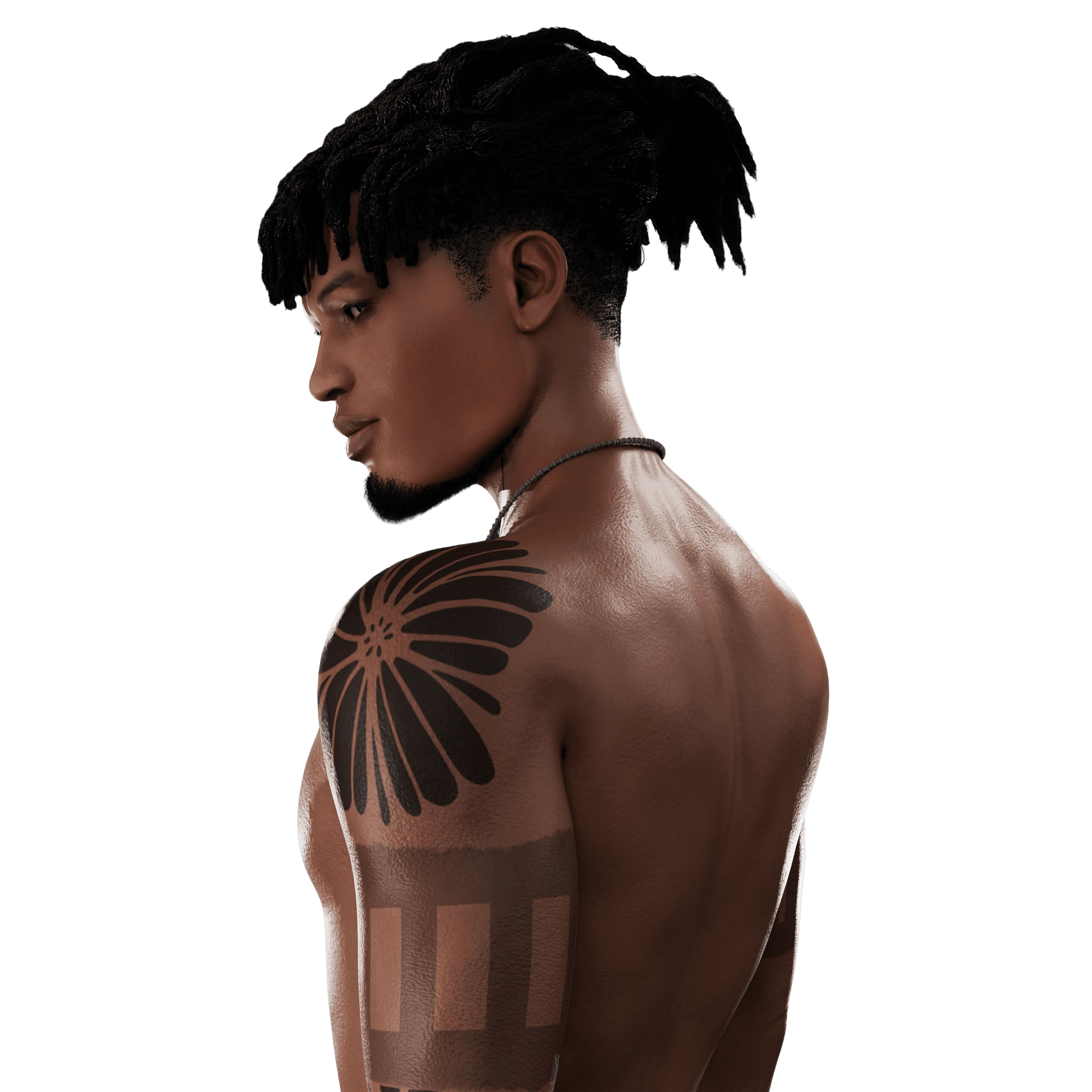 Soma, seen from behind, the sun tattoo across his shoulder