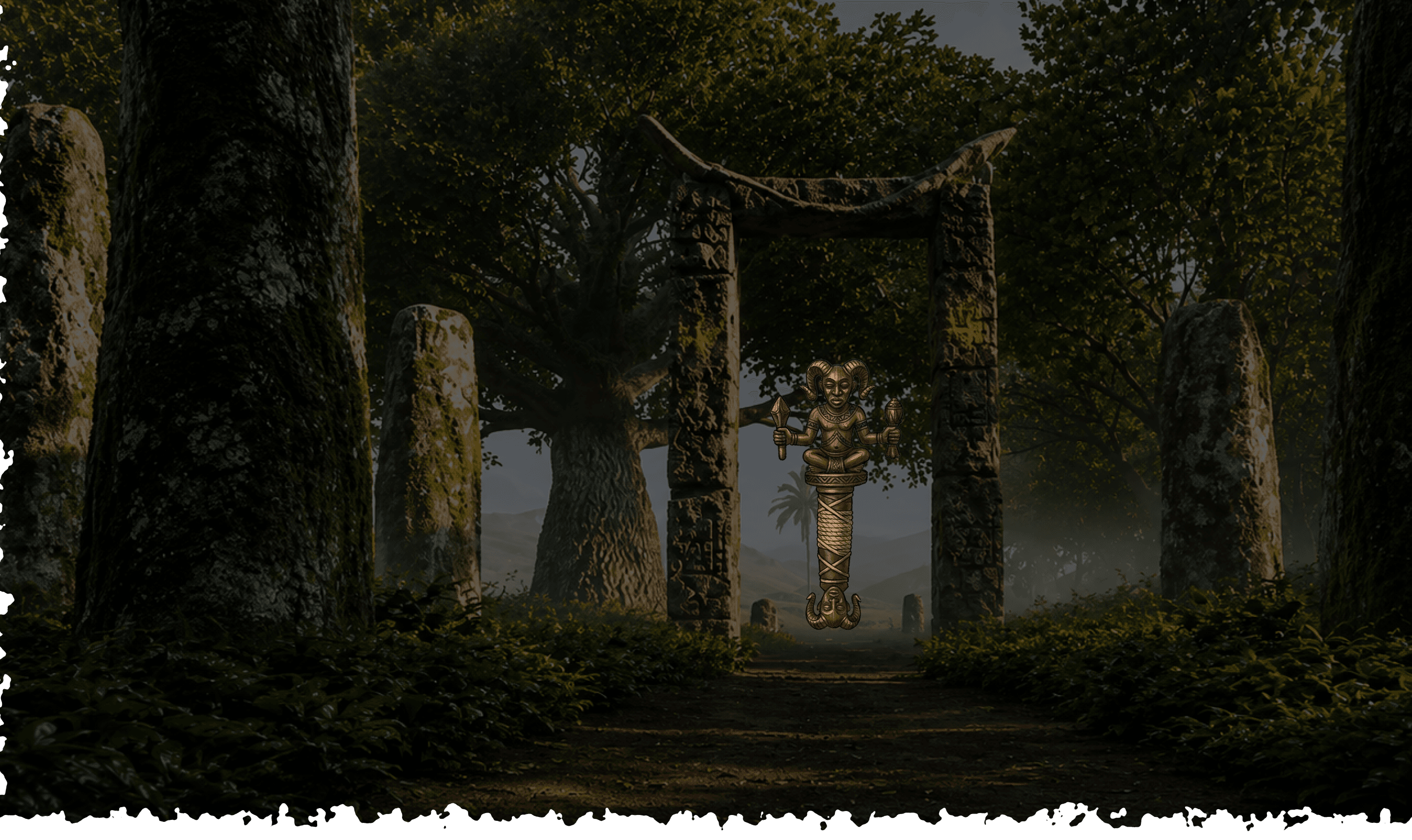 TODO ig: A shrine figure beneath the stone gate in the forest of trials